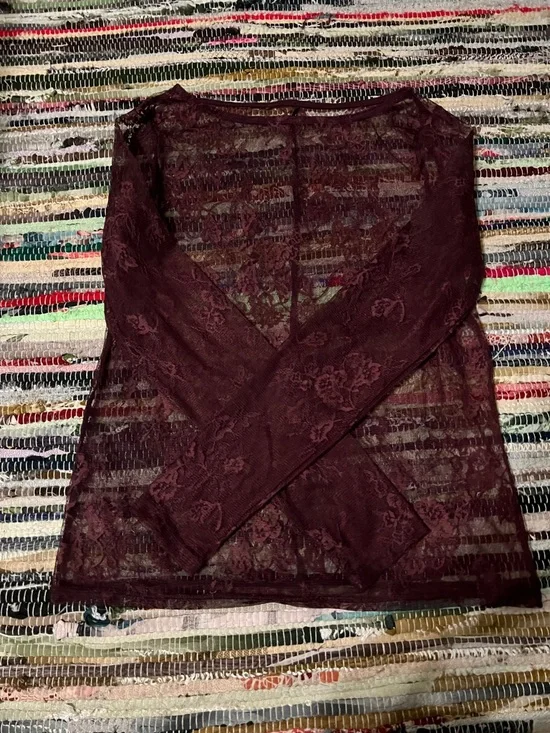 Sheer Lace Long-Sleeve Top in Burgundy - Picture 1 of 3